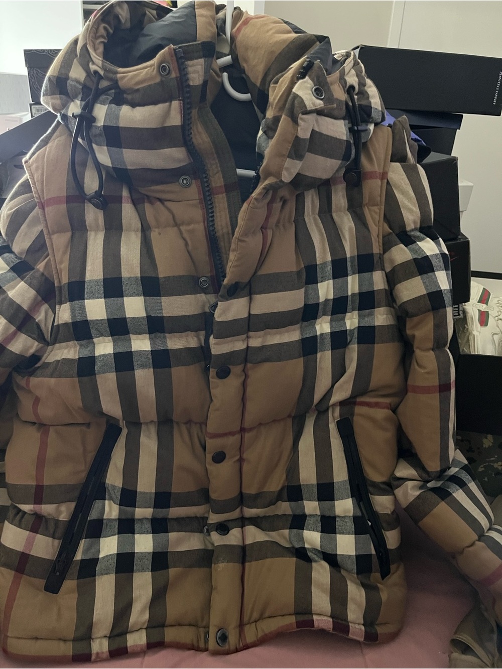 Burberry Tan Plaid Quilted Puffer Jacket